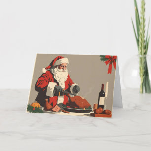 Festiva Tarjeta gráfica vintage de Papá Noel tallando un p