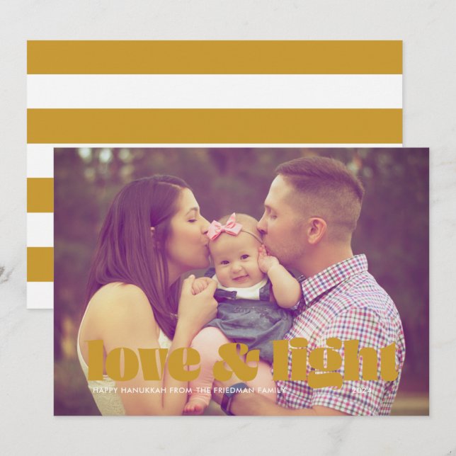Festiva Tarjeta Hanukkah con amor y luz de oro y foto únic (Anverso / Reverso)