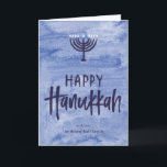 Festiva Tarjeta Hanukkah plegada Menorah<br><div class="desc">Un lavado de azul acuoso sirve como telón de fondo sutil para este ilustracion de menorah textualizado y mordaz texto Happy Hanukkah con letras a mano. No olvides personalizar el frente con tu nombre de texto. Añade un toque personal al interior de esta tarjeta plegada con las opciones "personalizar it"...</div>