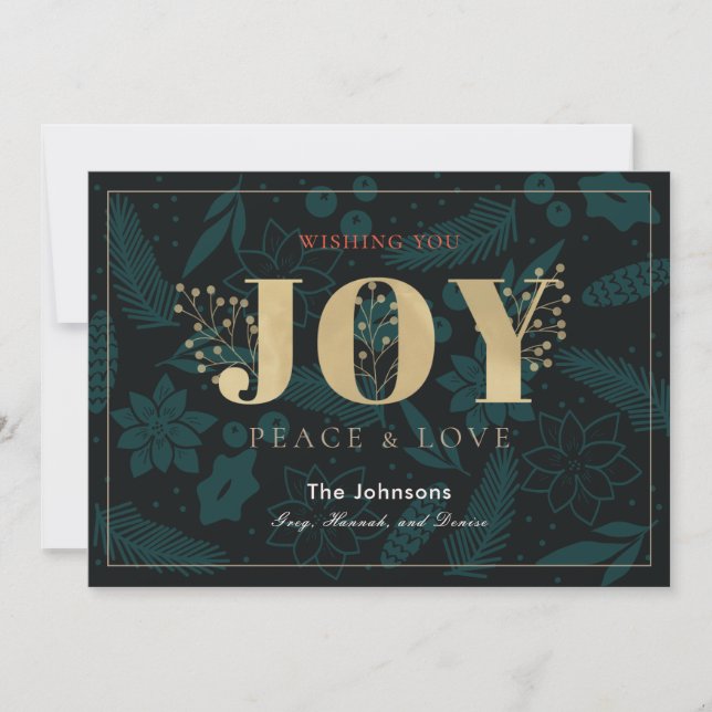 Festiva Tarjeta JOY Navy Blue Holiday Floral Pine Navidade (Anverso)