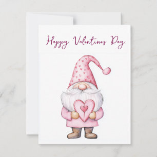 Festiva tarjeta linda con un gnomo rosa de dibujos animado
