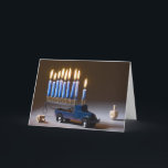 Festiva Tarjeta Menorah Blue Truck Chanukah<br><div class="desc">Envíe saludos de Chanukah con una Menorah en un camión azul con dreidels.</div>