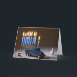 Festiva Tarjeta Menorah Blue Truck Chanukah<br><div class="desc">Envíe saludos de Chanukah con una Menorah en un camión azul con dreidels.</div>