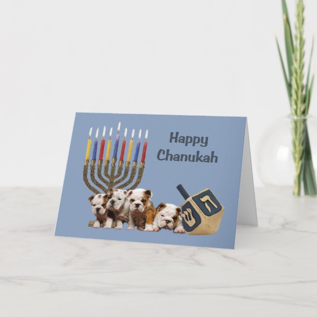 Festiva Tarjeta Menorah Dreidel2 de Chanukah del bulldog (Anverso)