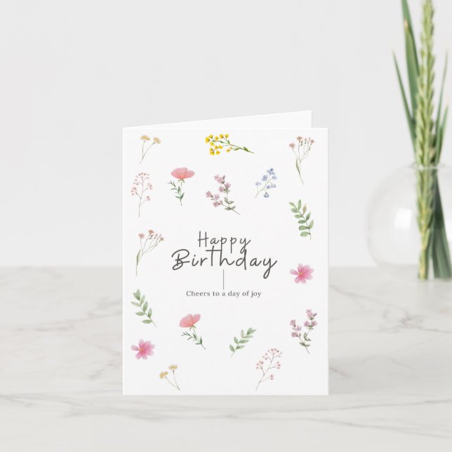 Festiva Tarjeta Mínima de Cumpleaños de Flores (Anverso)