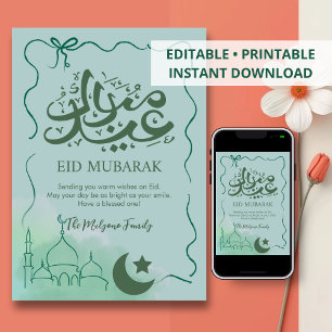 Festiva Tarjeta moderna verde de acuarela de mezquita Eid 