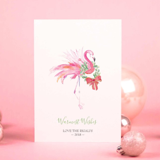 Festiva Tarjeta navidad, acuarela de vacaciones Flamingo r (Flamingo Christmas cards designed using unique tropical watercolor art by Victoria Grigaliunas)