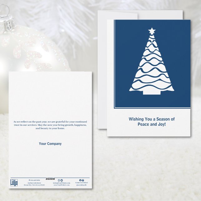 Festiva Tarjeta navideña azul y blanca (Blue & White Christmas Tree Business Holiday Card)