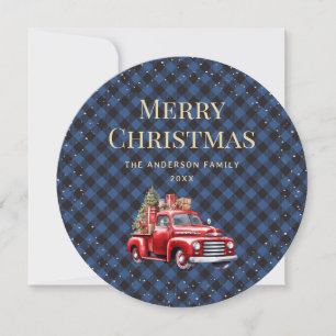 Festiva Tarjeta navideña Blue Plaid Red Truck Snow Merry