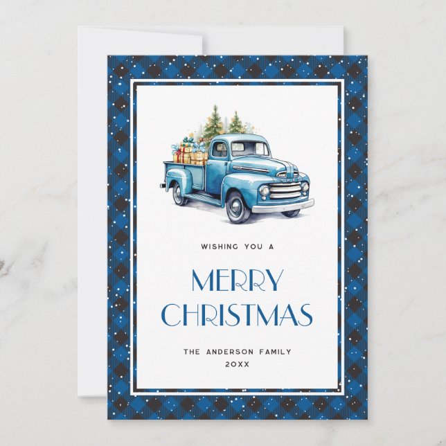 Festiva Tarjeta navideña Blue Truck Buffalo Plaid Snow Mer (Anverso)