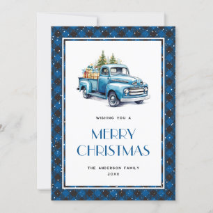 Festiva Tarjeta navideña Blue Truck Buffalo Plaid Snow Mer