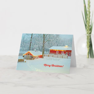 Festiva Tarjeta navideña con una escena de granja nevada