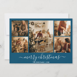 Festiva Tarjeta navideña de 5 fotos Blue Merry Christmas