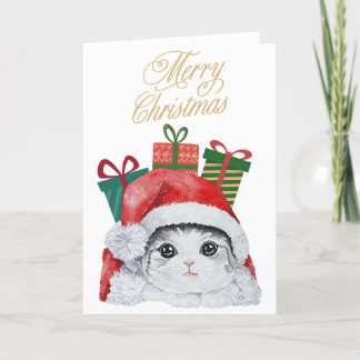 Festiva Tarjeta Navideña de Acuarela de Gatito Lindo de Sa