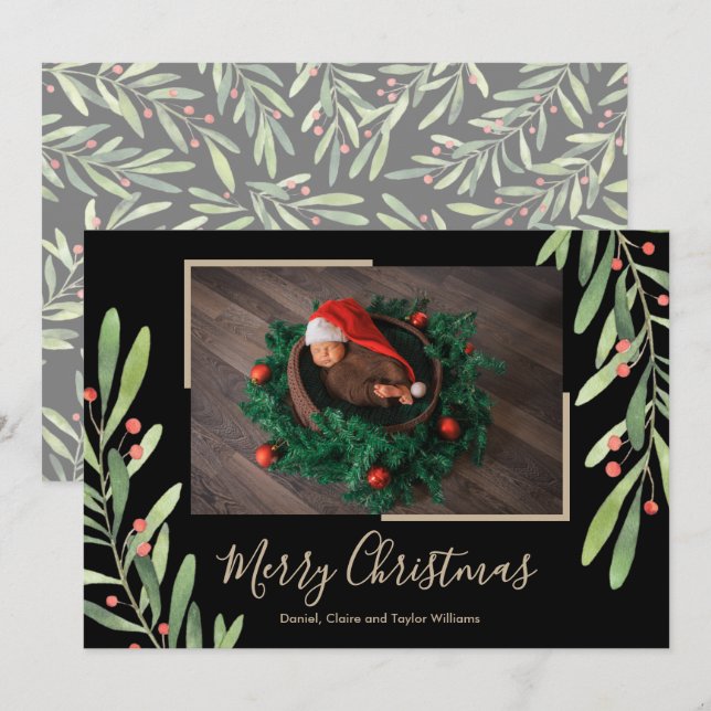 Festiva Tarjeta navideña de fotos para Navidades de Holly  (Anverso / Reverso)