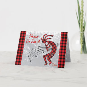 Festiva Tarjeta Navideña de Kokopelli de Cuadros Rojos y N