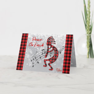 Festiva Tarjeta Navideña de Kokopelli de Cuadros Rojos y N