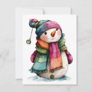 Festiva Tarjeta Navideña de un Muñeco de Nieve en Aquarela