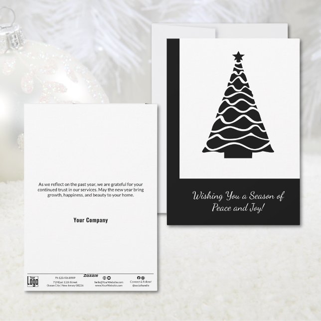 Festiva Tarjeta navideña de vacaciones minimalista (Minimalist Christmas Tree Business Holiday Card, Black and White)