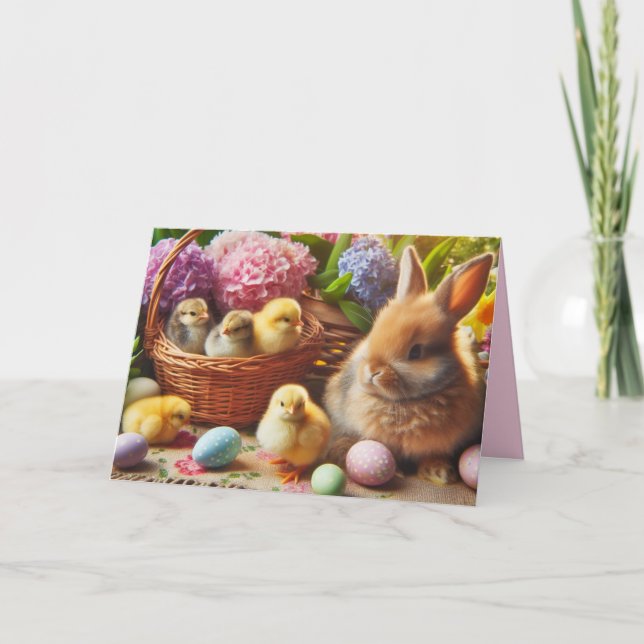 Festiva Tarjeta navideña feliz conejo de Pascua y huevos p (Anverso)