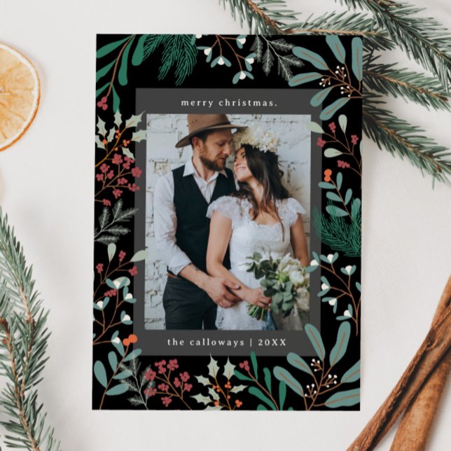 Festiva Tarjeta navideña fotográfica negra botánica para n (Subido por el creador)