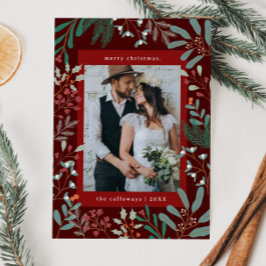 Festiva Tarjeta navideña fotográfica roja botánica para na