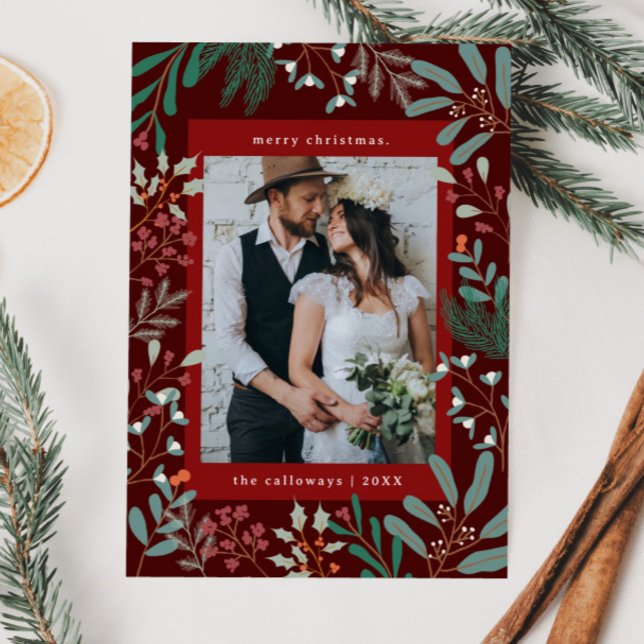 Festiva Tarjeta navideña fotográfica roja botánica para na (Subido por el creador)