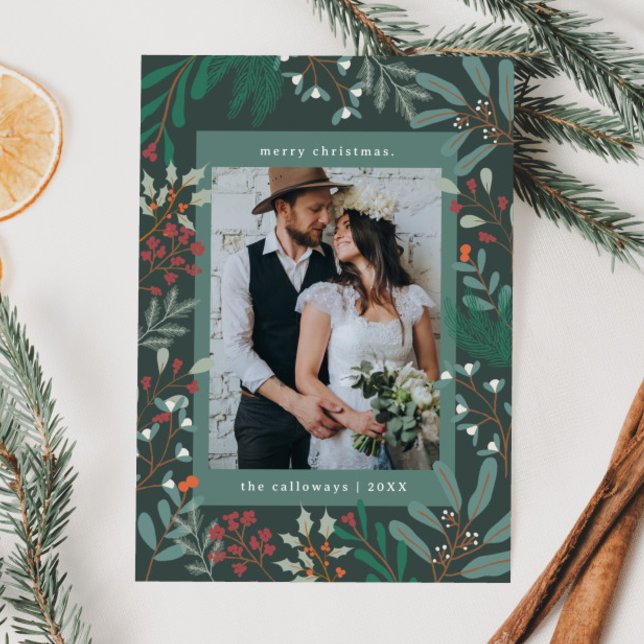 Festiva Tarjeta navideña fotográfica verde botánica para n (Subido por el creador)