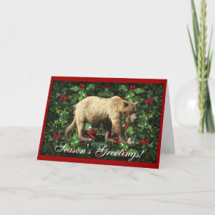 Festiva Tarjeta navideña grizzly con saludos de temporada