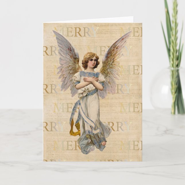 Festiva Tarjeta navideña Merry Angel Vintage (Anverso)
