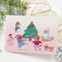 Tarjeta Navideña Plana de Color Rosa Suave con Per