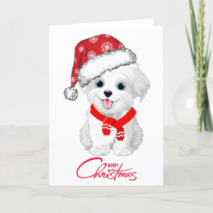 Festiva Tarjeta navideña plegada de perrito maltés Merry C