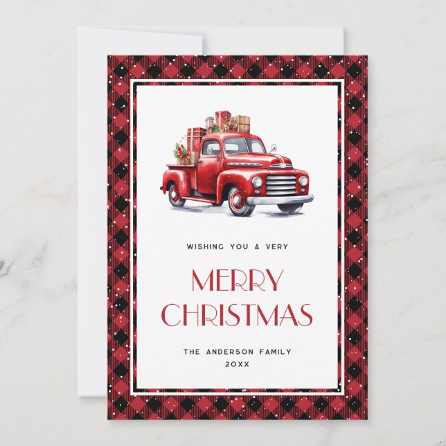 Festiva Tarjeta navideña Red Truck Buffalo Plaid Merry (Anverso)