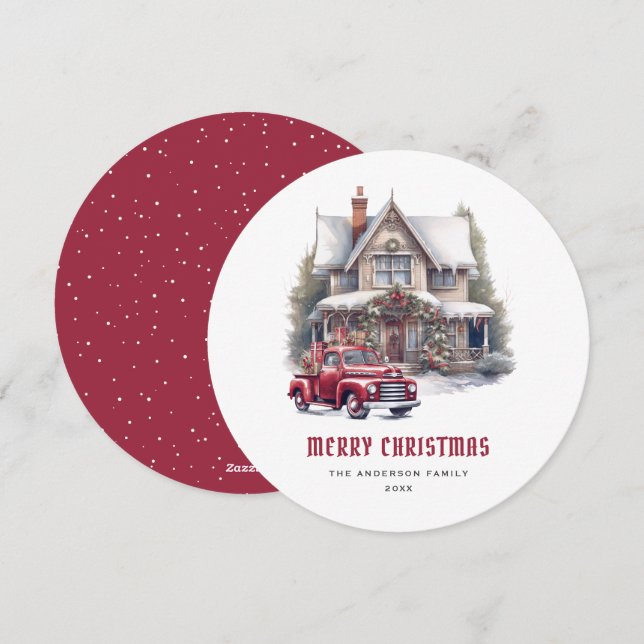 Festiva Tarjeta navideña Red Truck Winter Wonderland Merry (Anverso / Reverso)