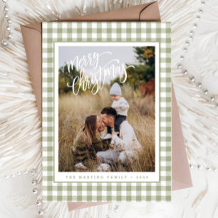 Festiva Tarjeta navideña Rustic Sage Green Plaid Photo Mer