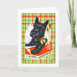 Festiva Tarjeta navideña Scottie Dog Merry con mantel