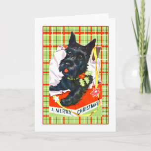 Festiva Tarjeta navideña Scottie Dog Merry con mantel