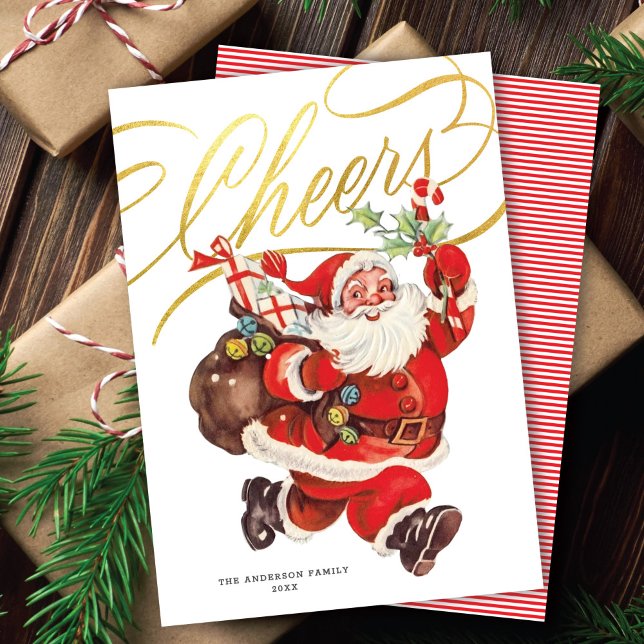 Festiva Tarjeta Navideña sin Foto Retro Santa Gold Script  (Subido por el creador)