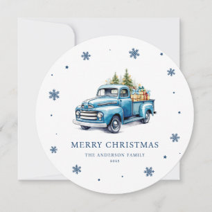 Festiva Tarjeta navideña Watercolor Blue Truck Merry