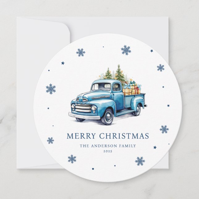 Festiva Tarjeta navideña Watercolor Blue Truck Merry (Anverso)