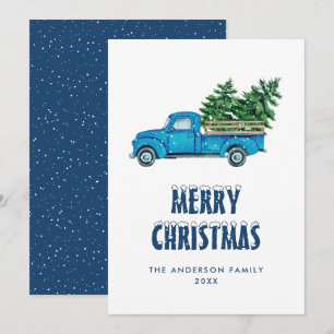 Festiva Tarjeta navideña Watercolor Blue Truck Snow Merry