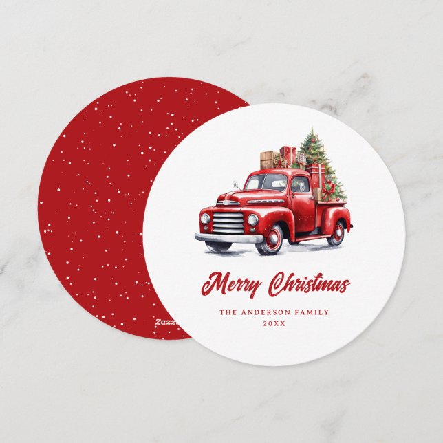 Festiva Tarjeta navideña Watercolor Red Truck Snow Merry (Anverso / Reverso)