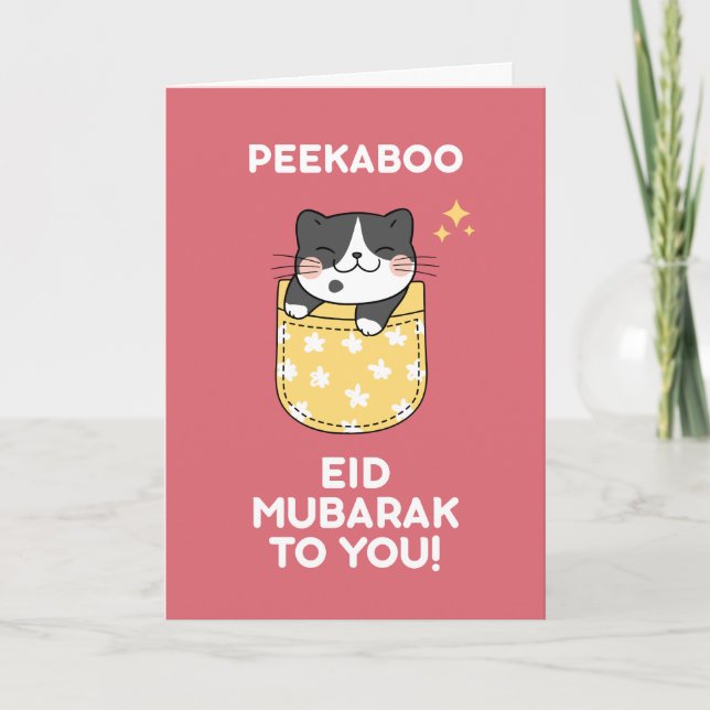 Festiva Tarjeta Peekaboo Cute Cat Kawaii Eid Mubarak (Anverso)