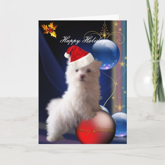 Festiva Tarjeta Perrito Blanco Flores "Felices Fiestas" (Anverso)