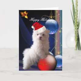Festiva Tarjeta Perrito Blanco Flores "Felices Fiestas"