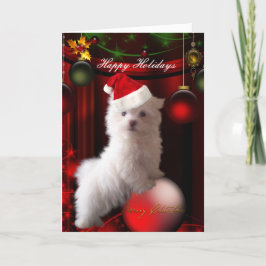 Festiva Tarjeta Perrito Blanco Flores "Felices Fiestas"