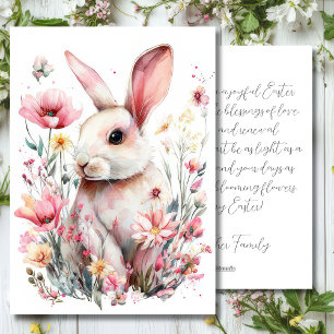 Festiva Tarjeta personalizada de Pascua con flores y conej