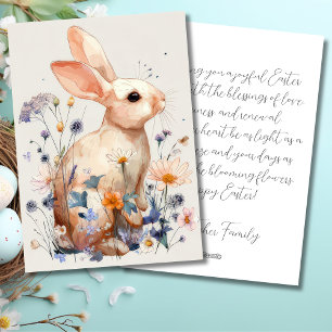 Festiva Tarjeta personalizada de Pascua con flores y conej