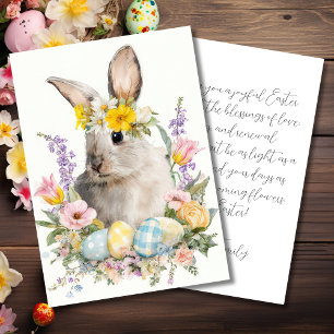 Festiva Tarjeta personalizada de Pascua con flores y conej