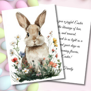Festiva Tarjeta personalizada de Pascua con flores y conej